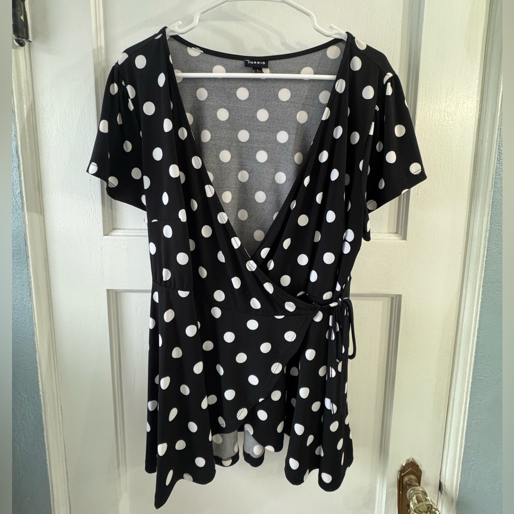 Torrid Black and White Polka Dot Wrap Top